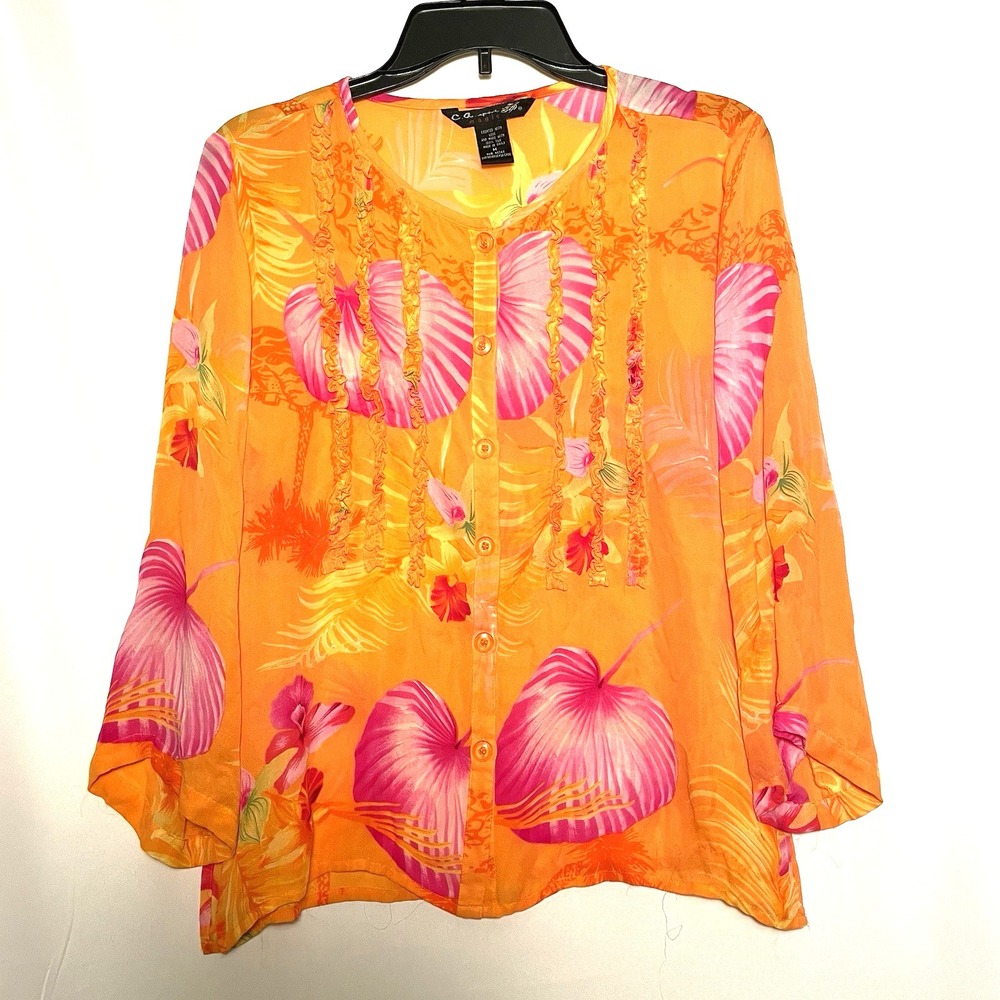 C.A. Sport Magic 100% Silk Camp Shirt Medium Ruffles Bell Sleeve Orange Tropical